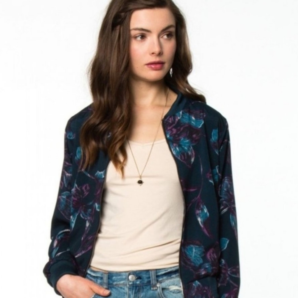 Anthropologie Everly Floral Zip Up Bomber Jacket